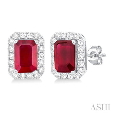 6x4 MM Octagonal Shape Ruby and 1/4 Ctw Round Cut Diamond Halo Precious Stud Earrings in 14K White Gold